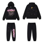 SP5DER Web Graphic Pullover Hoodie and Sweatpants Matching Set - Black / Pink
