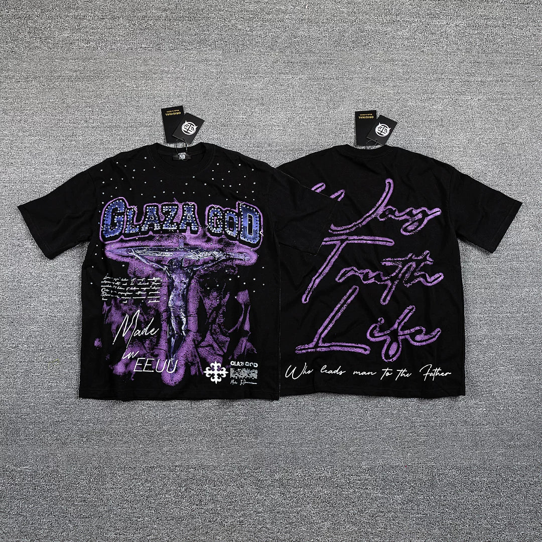 GLAZA GOD Men's Vintage Graphic Oversized T-Shirt – Gothic Streetwear Double-Sided Print Casual Tee